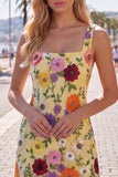 Robe de rentrée à la maison bodycon bodycon jaune à col carré avec broderie