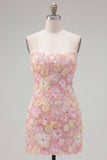 Robe courte bodycon moulante rose rose à fleurs, courte moulante avec perles