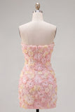 Robe courte bodycon moulante rose rose à fleurs, courte moulante avec perles