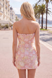Robe courte bodycon moulante rose rose à fleurs, courte moulante avec perles