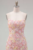 Robe courte bodycon moulante rose rose à fleurs, courte moulante avec perles
