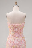 Robe courte bodycon moulante rose rose à fleurs, courte moulante avec perles