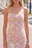 Robe courte bodycon moulante rose rose à fleurs, courte moulante avec perles