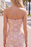 Robe courte bodycon moulante rose rose à fleurs, courte moulante avec perles