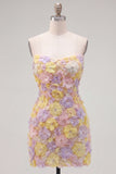 Robe courte bodycon moulante rose rose à fleurs, courte moulante avec perles