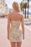 Robe courte bodycon moulante rose rose à fleurs, courte moulante avec perles
