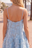 Robe de rentrée à la maison 3D à bretelles fines bleues en ligne A avec perles