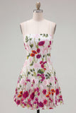Robe courte de rentrée à la maison avec brides fines rose rouges à bretelles fines avec broderie
