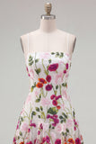 Robe courte de rentrée à la maison avec brides fines rose rouges à bretelles fines avec broderie