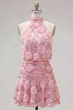Robe courte de rentrée à col nu à col en A rose avec fleurs 3D
