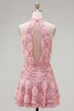 Robe courte de rentrée à col nu à col en A rose avec fleurs 3D