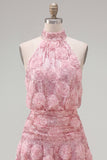 Robe courte de rentrée à col nu à col en A rose avec fleurs 3D