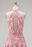 Robe courte de rentrée à col nu à col en A rose avec fleurs 3D