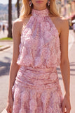 Robe courte de rentrée à col nu à col en A rose avec fleurs 3D