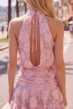 Robe courte de rentrée à col nu à col en A rose avec fleurs 3D