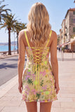 Robe de rentrée jaune bodycon, brodée à fleurs et volants, avec dentelle dans le dos