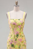 Robe de rentrée jaune bodycon, brodée à fleurs et volants, avec dentelle dans le dos