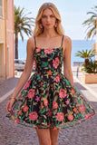 Robe de rentrée noire rouge brodée en ligne A avec dentelle dans le dos
