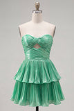 Robe de fin d’année à la maison verte métallique en ligne A plissée et découpée