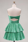 Robe de fin d’année à la maison verte métallique en ligne A plissée et découpée