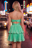 Robe de fin d’année à la maison verte métallique en ligne A plissée et découpée