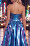 Robe de rentrée à la maison asymétrique bleu bleu métallique en ligne A