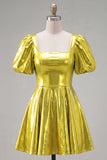 Robe de fin d’année jaune métallique ligne en A à col carré avec manches bouffantes
