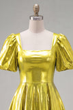 Robe de fin d’année jaune métallique ligne en A à col carré avec manches bouffantes