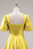 Robe de fin d’année jaune métallique ligne en A à col carré avec manches bouffantes