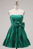 Robe de bal sans bretelles vert foncé à volants en A avec nœud