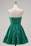 Robe de bal sans bretelles vert foncé à volants en A avec nœud