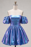 Robe de fin d’année bleue bleue A-line métallique à manches bouffantes
