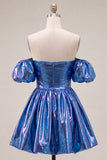 Robe de fin d’année bleue bleue A-line métallique à manches bouffantes