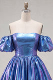 Robe de fin d’année bleue bleue A-line métallique à manches bouffantes