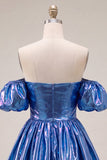 Robe de fin d’année bleue bleue A-line métallique à manches bouffantes