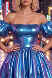 Robe de fin d’année bleue bleue A-line métallique à manches bouffantes
