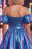 Robe de fin d’année bleue bleue A-line métallique à manches bouffantes