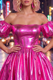 Robe de fin d’année bleue bleue A-line métallique à manches bouffantes