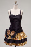 Robe de balaise noire dorée à bretelles fines avec nœud