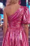 Robe verte de fin d’année métallique à une épaule froncée