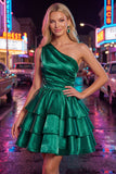 Robe rose de fin d’année rose, ligne A, trajets à une épaule, en chiffon froncé à étages et perlée