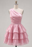 Robe rose de fin d’année rose, ligne A, trajets à une épaule, en chiffon froncé à étages et perlée