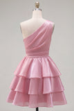 Robe rose de fin d’année rose, ligne A, trajets à une épaule, en chiffon froncé à étages et perlée