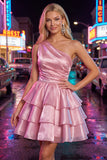 Robe rose de fin d’année rose, ligne A, trajets à une épaule, en chiffon froncé à étages et perlée