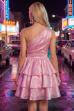 Robe rose de fin d’année rose, ligne A, trajets à une épaule, en chiffon froncé à étages et perlée