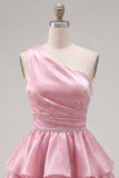 Robe rose de fin d’année rose, ligne A, trajets à une épaule, en chiffon froncé à étages et perlée