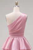 Robe rose de fin d’année rose, ligne A, trajets à une épaule, en chiffon froncé à étages et perlée