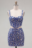 Robe de retour à la maison bleu foncé Bodycon 2 pièces avec des strass