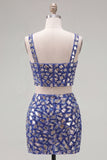 Robe de retour à la maison bleu foncé Bodycon 2 pièces avec des strass