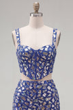 Robe de retour à la maison bleu foncé Bodycon 2 pièces avec des strass